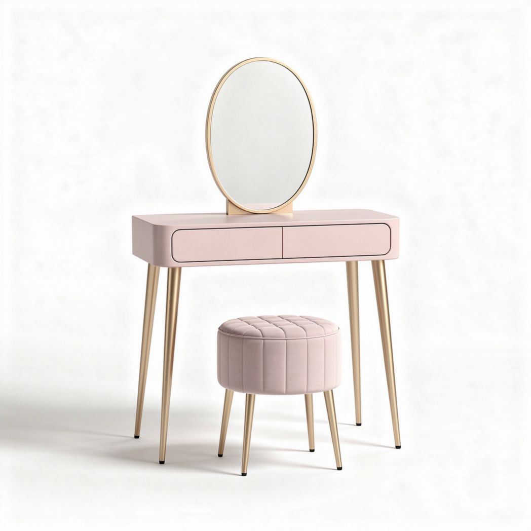 Pink vanity set with round mirror and padded stool for bedroom use