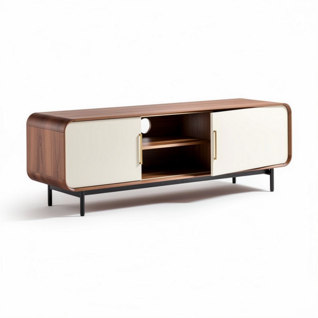 Wooden media console with sliding doors and open shelves 150 x 40 x 45cm
