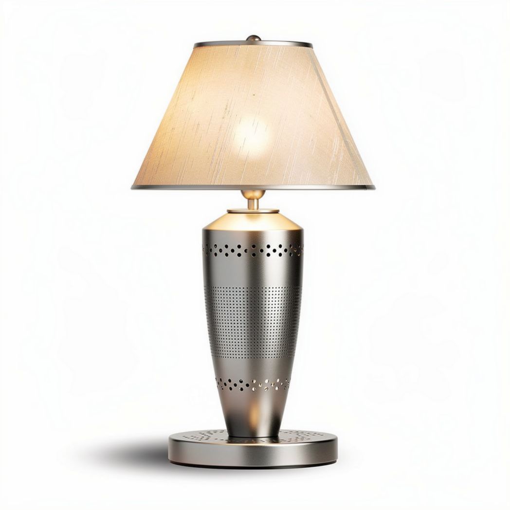 Metal table lamp with fabric shade and perforated base 25 x 25 x 45cm