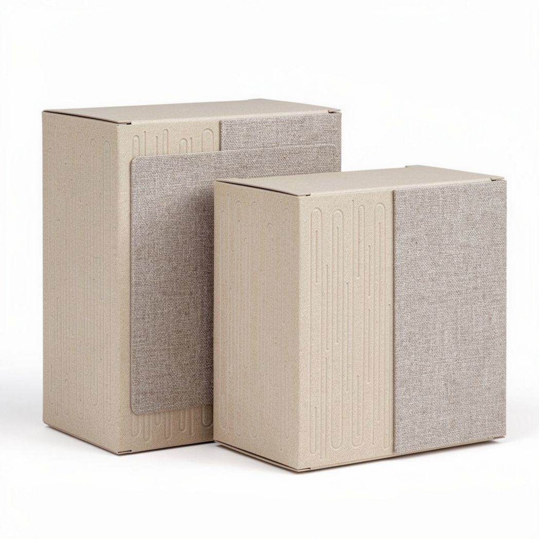 Cardboard storage boxes with fabric panels set of two 20 x 15 x 25cm