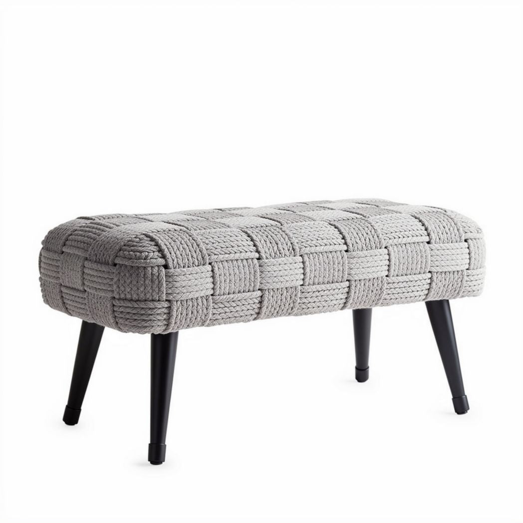 Woven fabric ottoman with wooden legs for living room seating 80 x 35 x 40cm